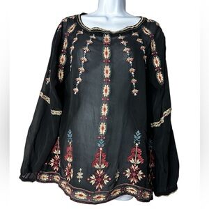 Sundance Catalog Silk Black Boho Embroidered Top Size Medium Long Sleeve Popover